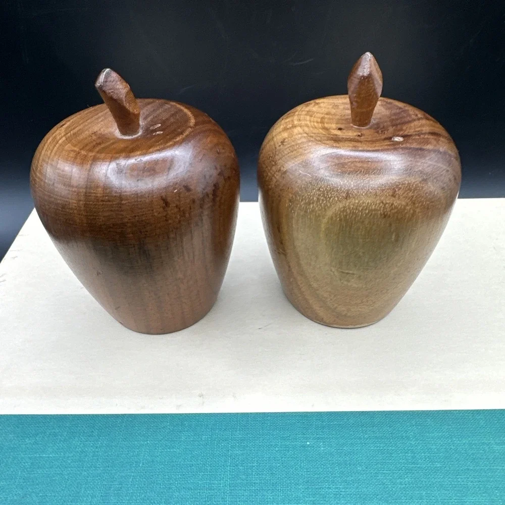 Salt & Pepper Shakers Set Carved Apple Wood w Cork‎ Stoppers Vintage 60s MCM